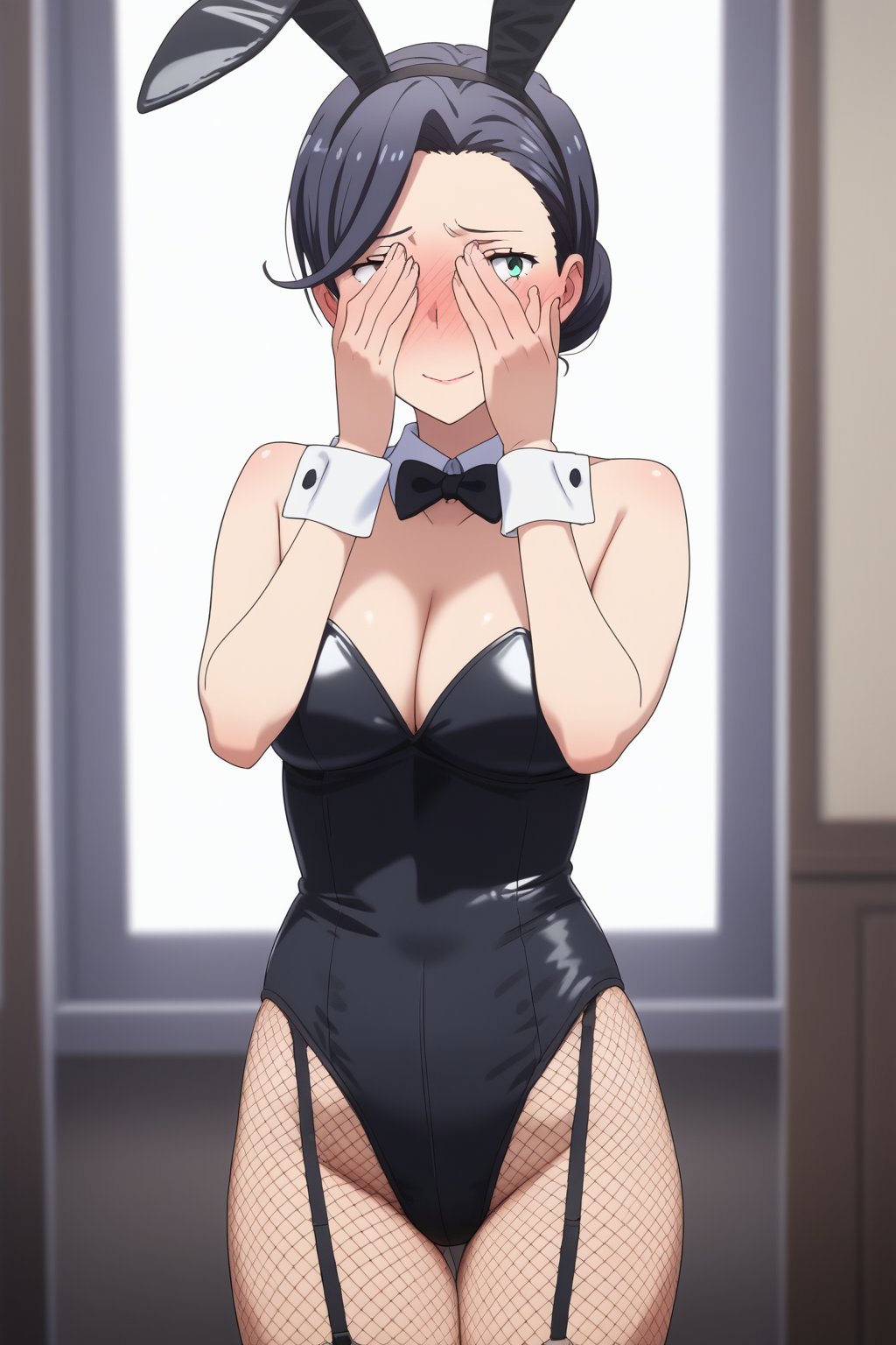 score_9,score_8_up,score_7_up, source_anime, masterpiece, best quality, 1girl, mature female, cowboy shot, , white background,  mother yukinoshita, light smile, full-face blush, embarrassed,hair bun, playboy bunny, fishnets, garter belt, covering face,