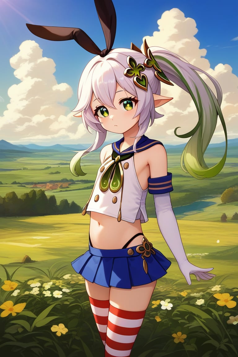 score_9, score_8_up, score_8,source_anime, ,1girl ,, solo, nahida \(genshin impact\),white_hair,side_ponytail, ,(shimakaze's clothes),,shimacos,crop top, elbow gloves, microskirt, striped thighhighs,  ,cowboy_shot,outdoors, scenery,  clouds, dappled sunlight,