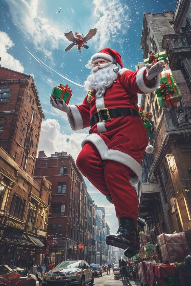 (Santa Claus flying, like a free bird, in the sky, outer space:1.4), ((flying)), (carying bag of gifts 🎁:1.1)

concept art of archangel flying over town, clouds. digital artwork, highly detailed, cinematic composition

((best quality)), ((masterpiece)), (detailed),  bold colors and lively textures that make the image pop. ((masterpiece)), absurdres, HDR