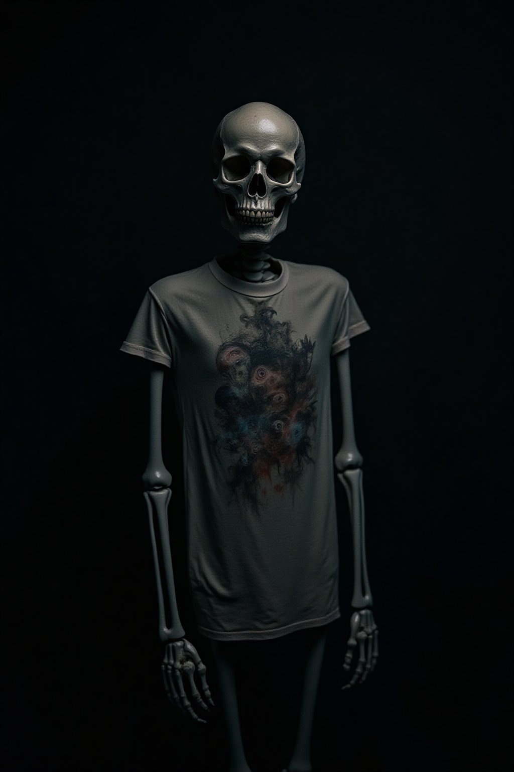 CREEPY, A haunting scene unfolds eerily. A skeleton stands in shadows. It wears a tattered, creepy t-shirt. The fabric displays ghostly designs. Dark colors swirl with unsettling patterns. The ambiance feels chilling, mysterious. Dim light casts long shadows. A Nikon D750 captures the moment. Aperture set to f/3.5, ISO 800. The focus highlights the skeletal details. Artist Edward Gorey inspires the aesthetic. The eerie attire evokes a sense of dread. A macabre fashion statement emerges vividly.