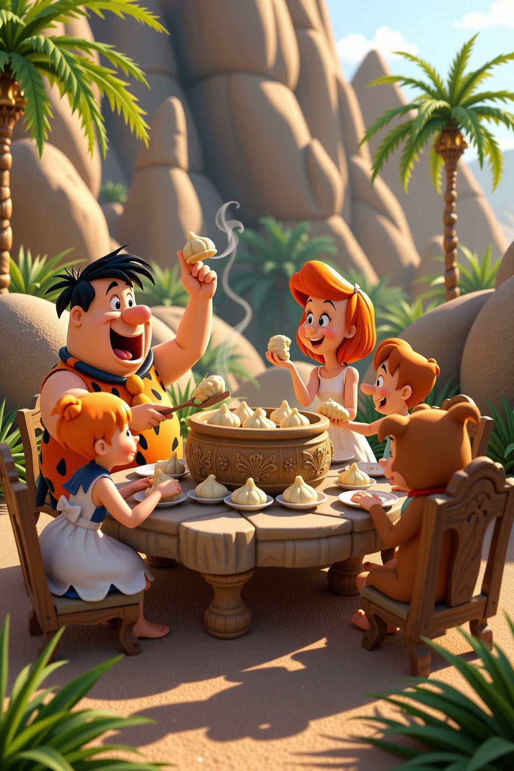 In a whimsical prehistoric setting,  the Flintstones gather around a rustic stone table,  joyfully indulging in a feast of...