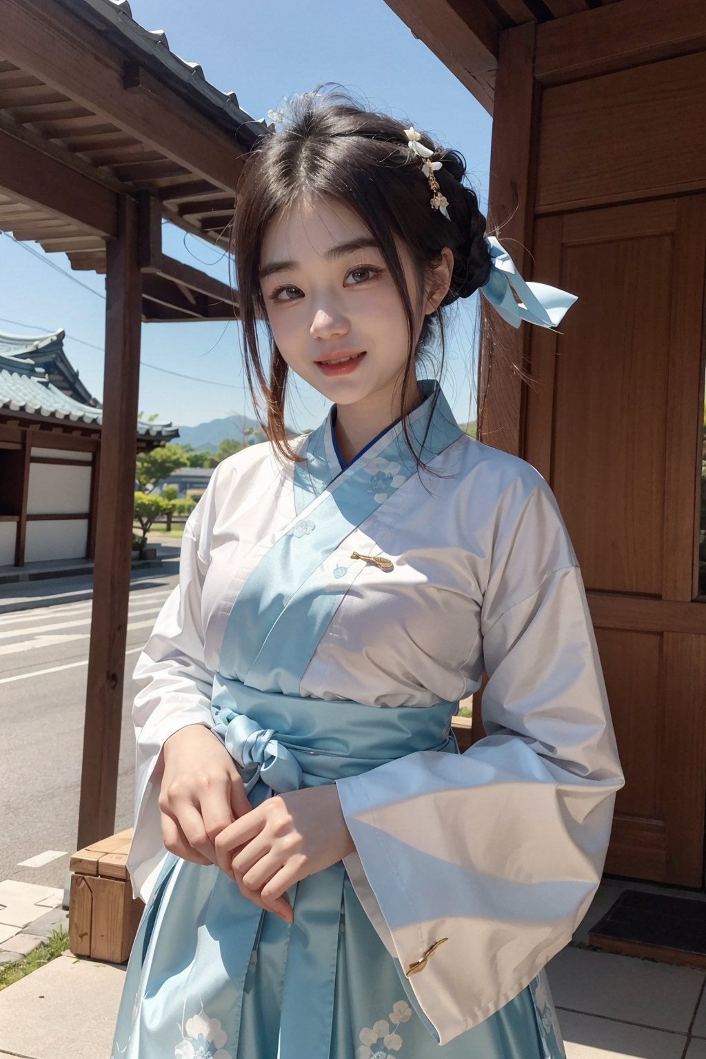 masterpiece, A beautiful korean girl, korean traditional costumes, short-hair, smile, korean traditional house,koh_yunjung, hanbok, hanbok skirt