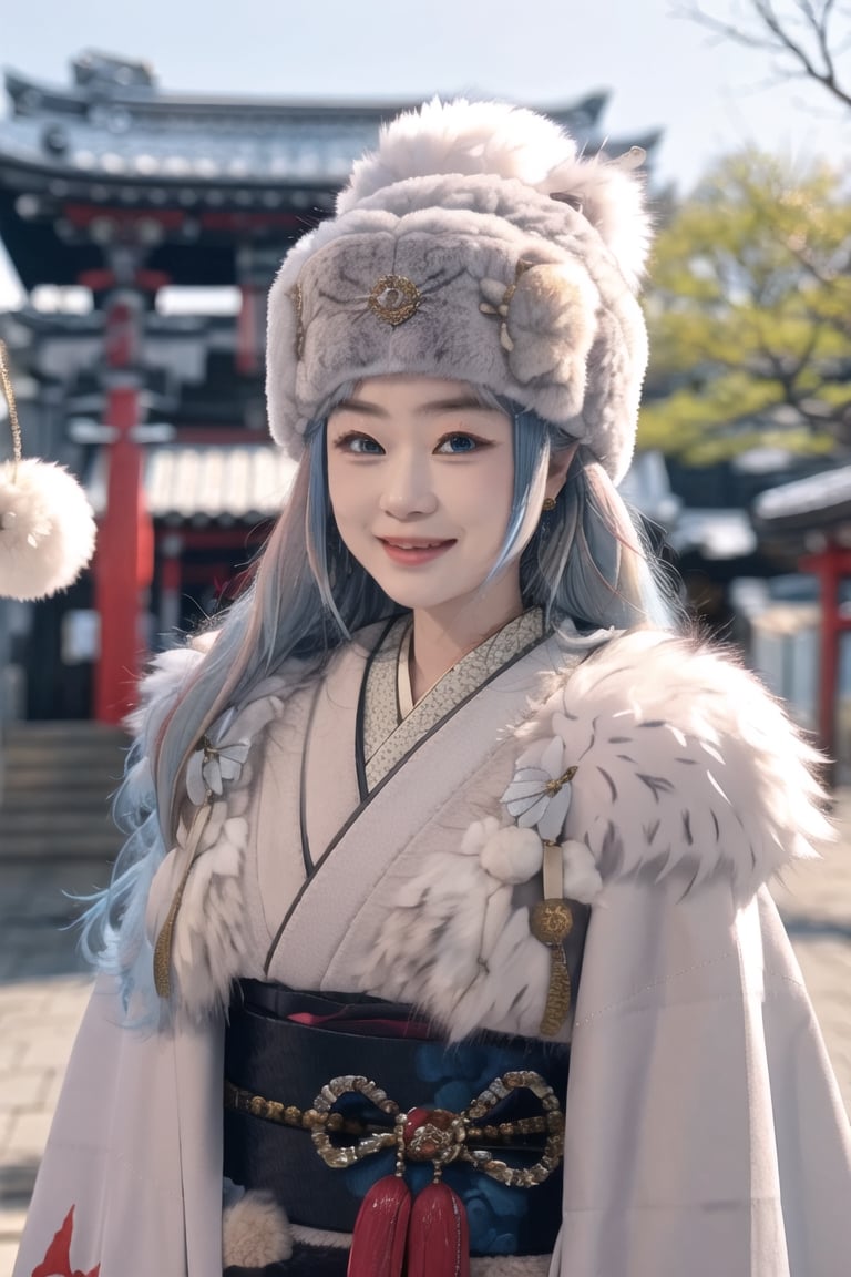 1girl, architecture, blue_eyes, blurry, blurry_background, building, cosplay_photo, depth_of_field, earrings, feather_boa, fur, fur-trimmed_coat, fur-trimmed_jacket, fur-trimmed_kimono, fur-trimmed_sleeves, fur_cape, fur_coat, fur_collar, fur_hat, fur_scarf, fur_trim, hat, japanese_clothes, jewelry, kimono, long_hair, blue hair, blue eyes, blush on, looking_at_viewer, outdoors, photo_\(medium\), pom_pom_\(clothes\), shrine, smile, solo, tree, upper_body, winter_clothes  ,keqingdef