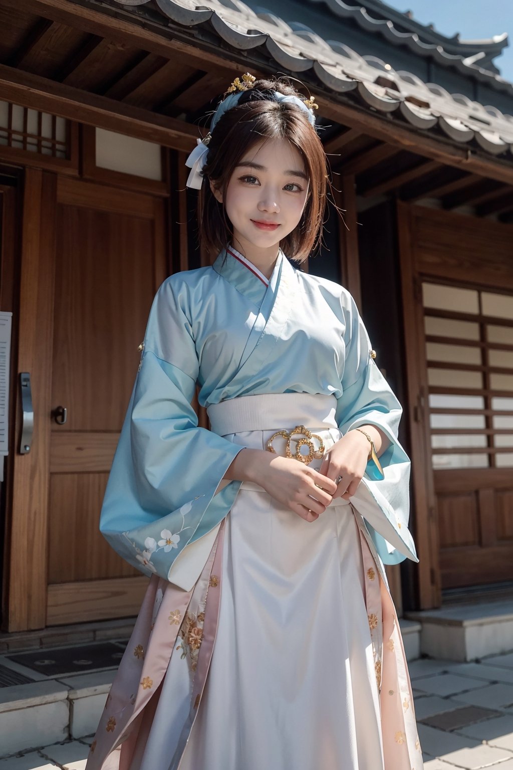 masterpiece, A beautiful korean girl, korean traditional costumes, short-hair, smile, korean traditional house,koh_yunjung, hanbok, hanbok skirt