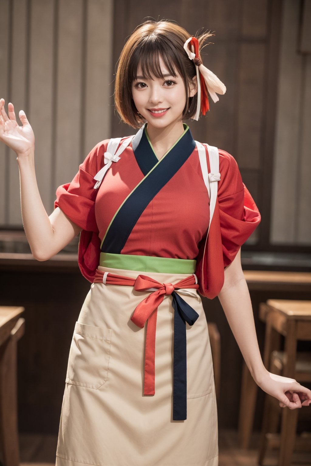 masterpiece, best quality, highres, aachisato, short hair, hair ribbon, japanese clothes, (red kimono:1.2), sash, (brown apron:1.2), , indoors, cafe, holding tray, smile,aachisato, (smile:1.2) ( shiny oil skin:1.0), cowboy_shot, curved body, (dynamic sexy pose:1.7), sexy body, (gigantic breast:1.2), 9 head length body, looking at viewer, from below,