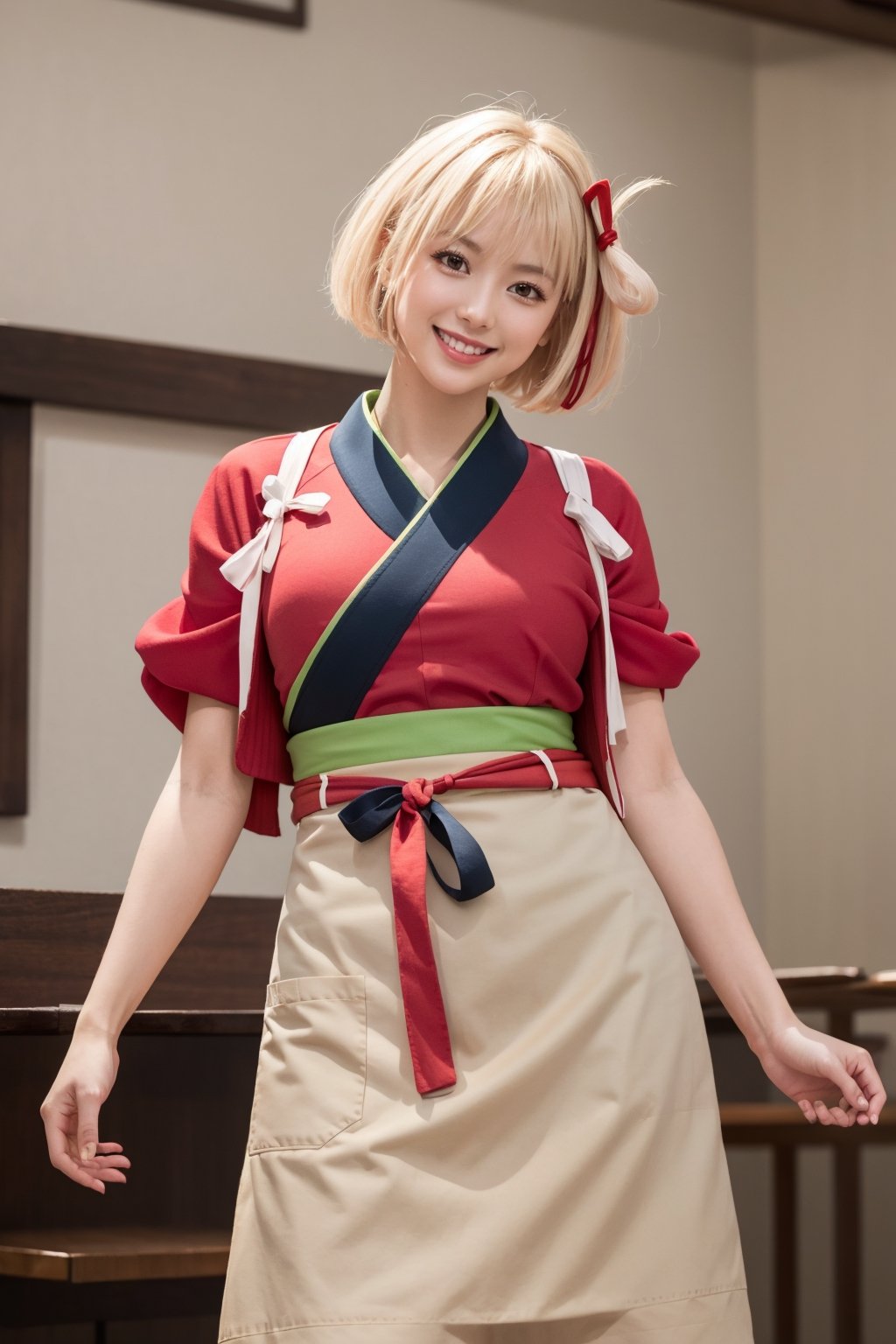 masterpiece, best quality, highres, aachisato, short hair, hair ribbon, japanese clothes, (red kimono:1.2), sash, (brown apron:1.2), , indoors, cafe, holding tray, smile,aachisato, (smile:1.2) ( shiny oil skin:1.0), cowboy_shot, curved body, (dynamic sexy pose:1.7), sexy body, (gigantic breast:1.2), 9 head length body, looking at viewer, from below,