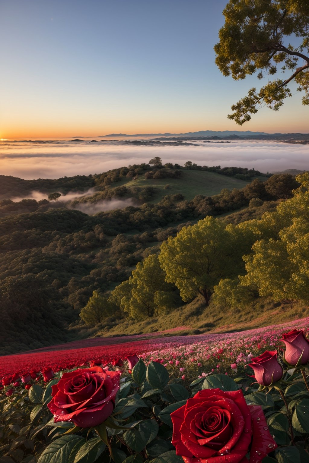 look from down, Above is the sky, morningglow, thin fog, In the distance are mountains, Below is the hillside, A red rose, Porcelain petals, There are crystal clear water droplets on the petals, （There are water droplets on the petals）, Green flowers and leaves, Water droplets on flowers and leaves, （Realiy）, Roses make up one-tenth, From below, Depth of field, High detail, back lit lighting, 4K, Masterpiece, ccurate, High quality