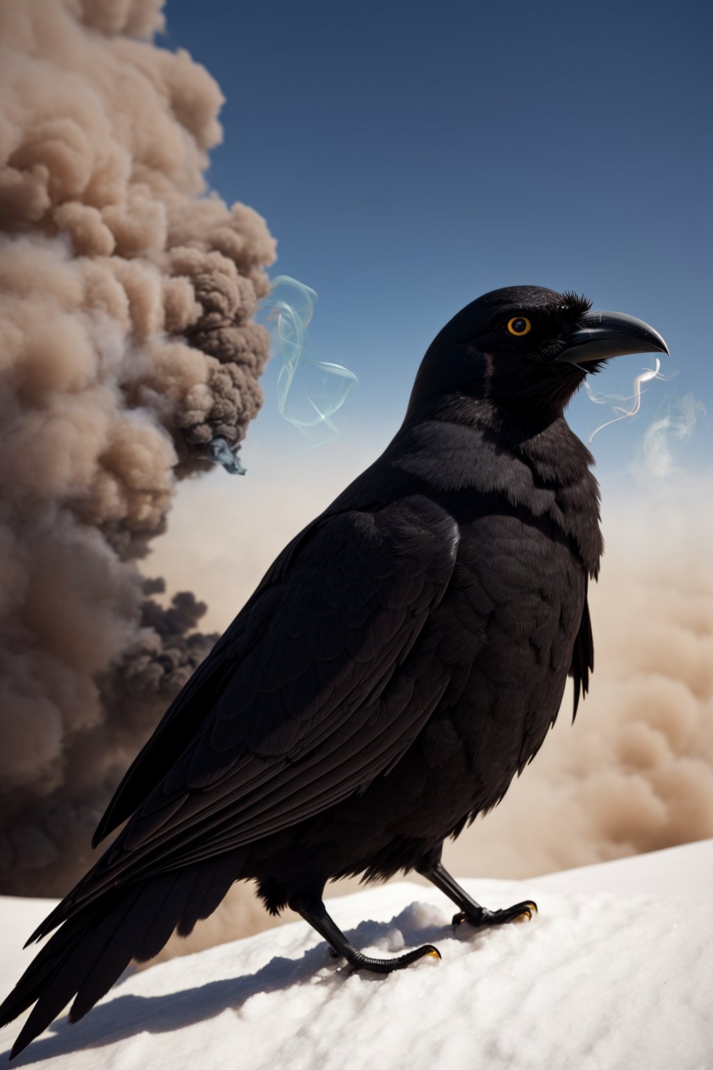 a crow,ice, smoke