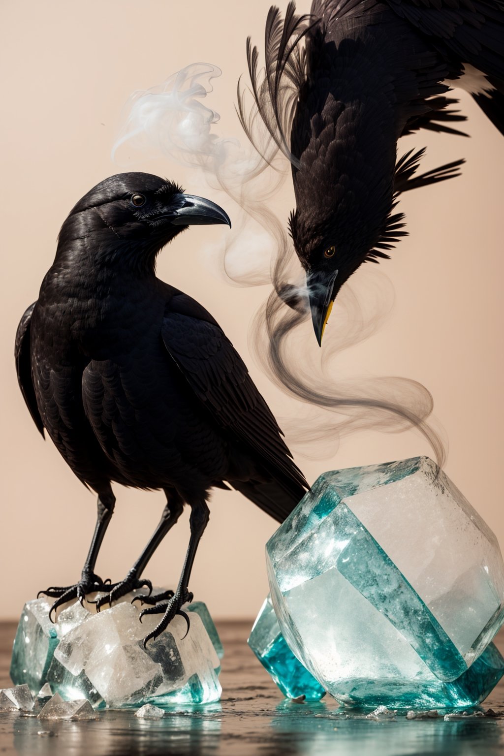 a crow,ice, smoke