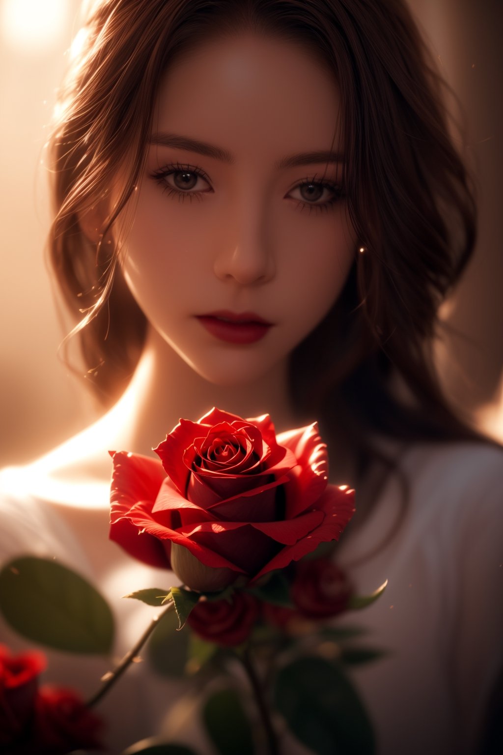 tmasterpiece,Best quality at best,extremly intricate,A red rose grows on the surface of the moon,Realistic light and shadow,full bloom,cinematic lighting, ray tracing, chiaroscuro, depth of field, macro photo,1 girl