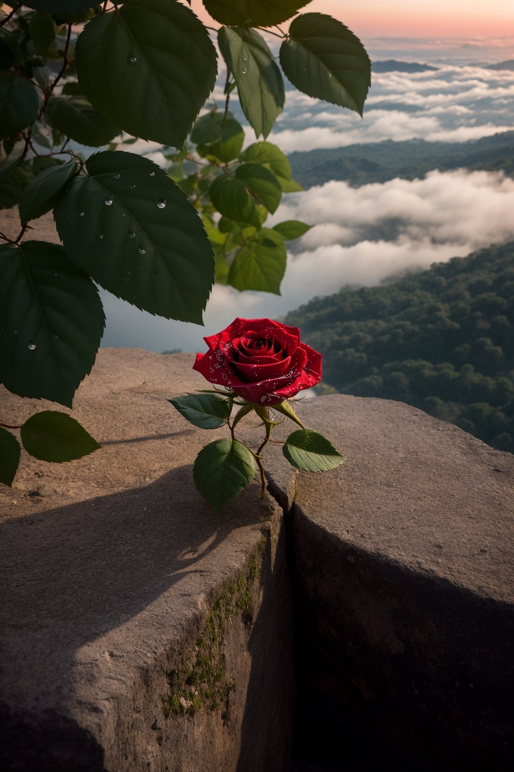 look from down, Above is the sky, morningglow, thin fog, In the distance are mountains, Below is the hillside, A red rose, Porcelain petals, There are crystal clear water droplets on the petals, （There are water droplets on the petals）, Green flowers and leaves, Water droplets on flowers and leaves, （Realiy）, Roses make up one-tenth, From below, Depth of field, High detail, back lit lighting, 4K, Masterpiece, ccurate, High quality