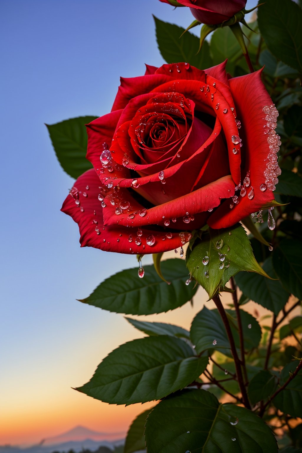 look from down, Above is the sky, morningglow, thin fog, In the distance are mountains, Below is the hillside, A red rose, Porcelain petals, There are crystal clear water droplets on the petals, （There are water droplets on the petals）, Green flowers and leaves, Water droplets on flowers and leaves, （Realiy）, Roses make up one-tenth, From below, Depth of field, High detail, back lit lighting, 4K, Masterpiece, ccurate, High quality