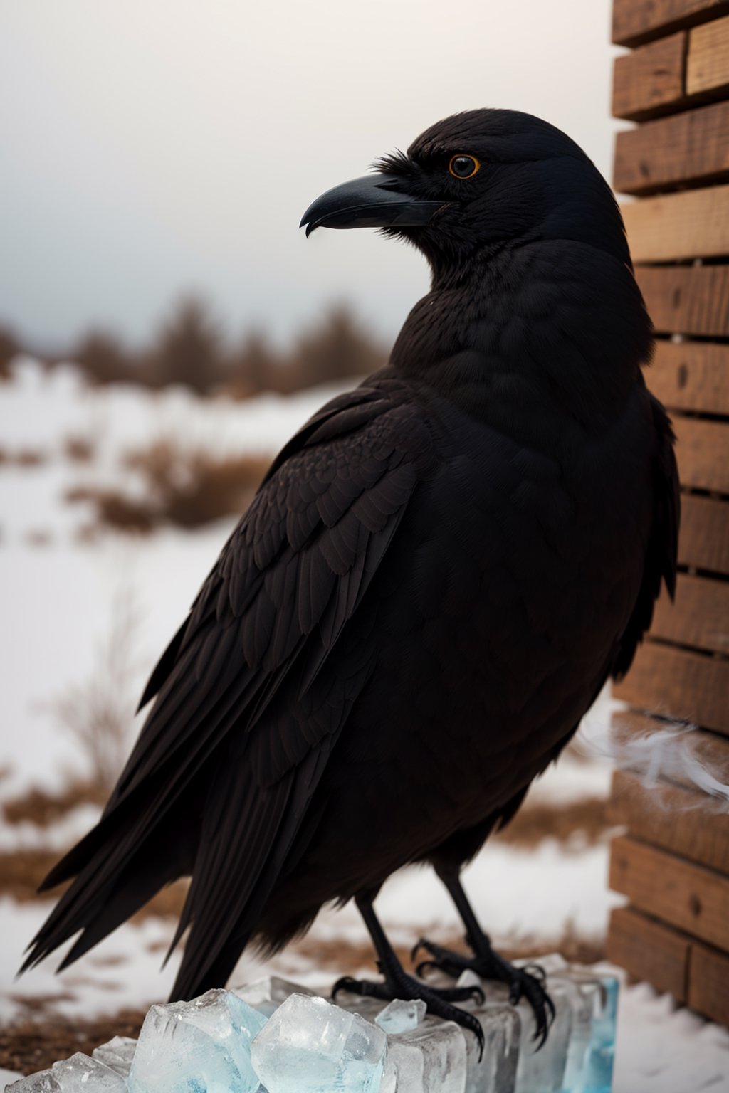 a crow,ice, smoke