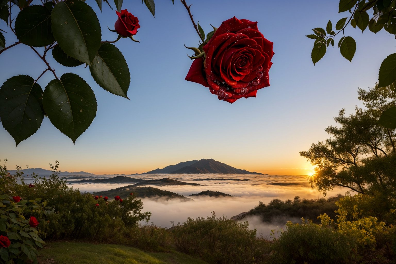 look from down, Above is the sky, morningglow, thin fog, In the distance are mountains, Below is the hillside, A red rose, Porcelain petals, There are crystal clear water droplets on the petals, （There are water droplets on the petals）, Green flowers and leaves, Water droplets on flowers and leaves, （Realiy）, Roses make up one-tenth, From below, Depth of field, High detail, back lit lighting, 4K, Masterpiece, ccurate, High quality