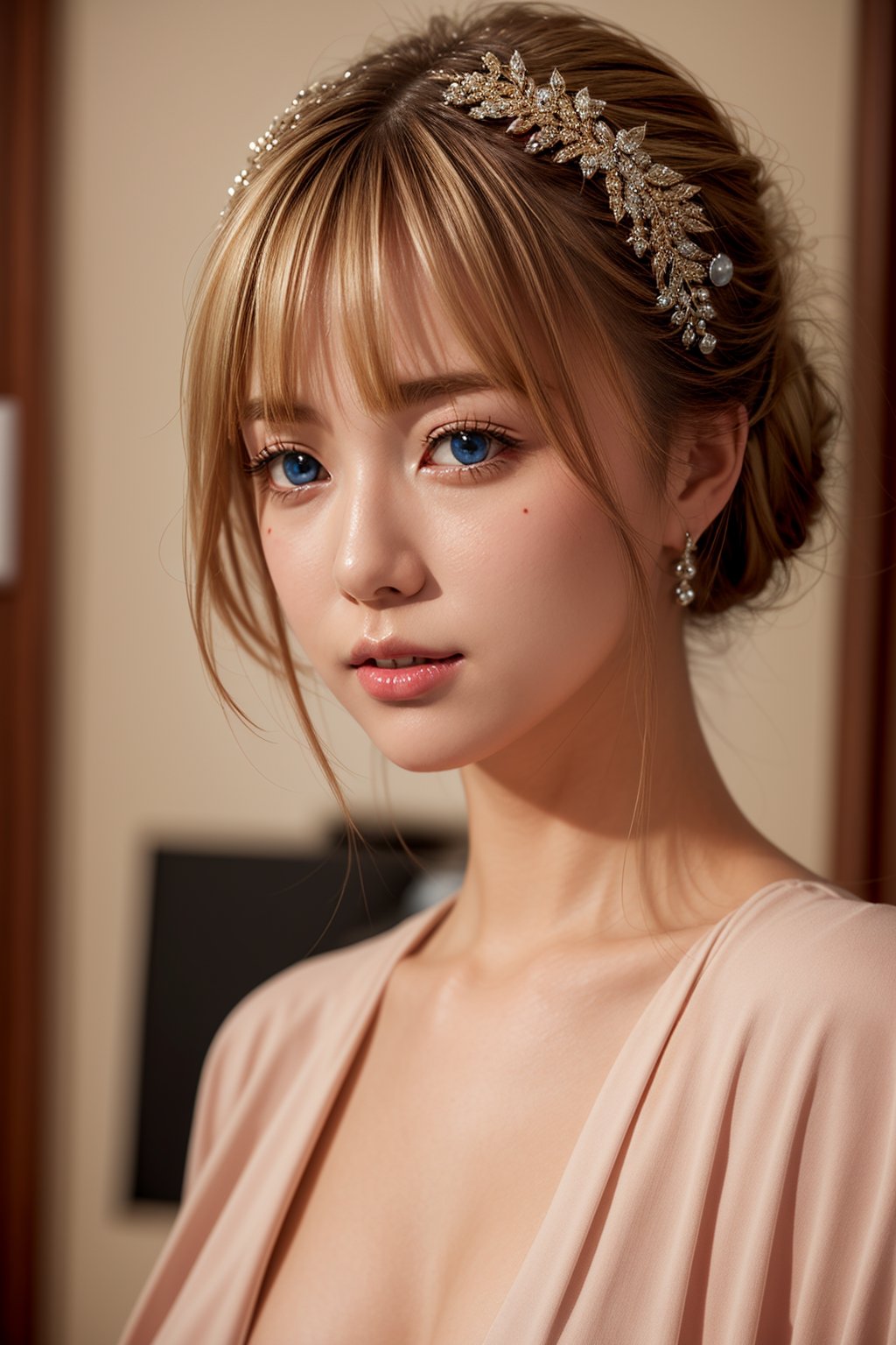 Realistic, Solo, Perfect Detail Face, Detailed Blue Eyes, Very Detailed, Blush, Hair Ornament, Chignon Mahogany Hair, (Blonde Hair), Plug Suit 02,Shikinami Asuka Langley