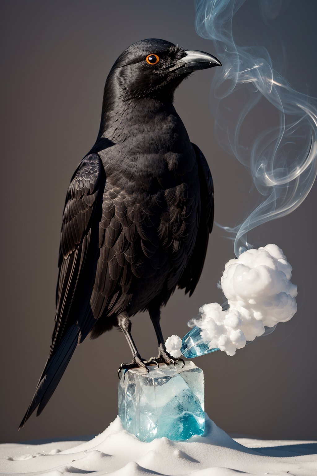 a crow,ice, smoke