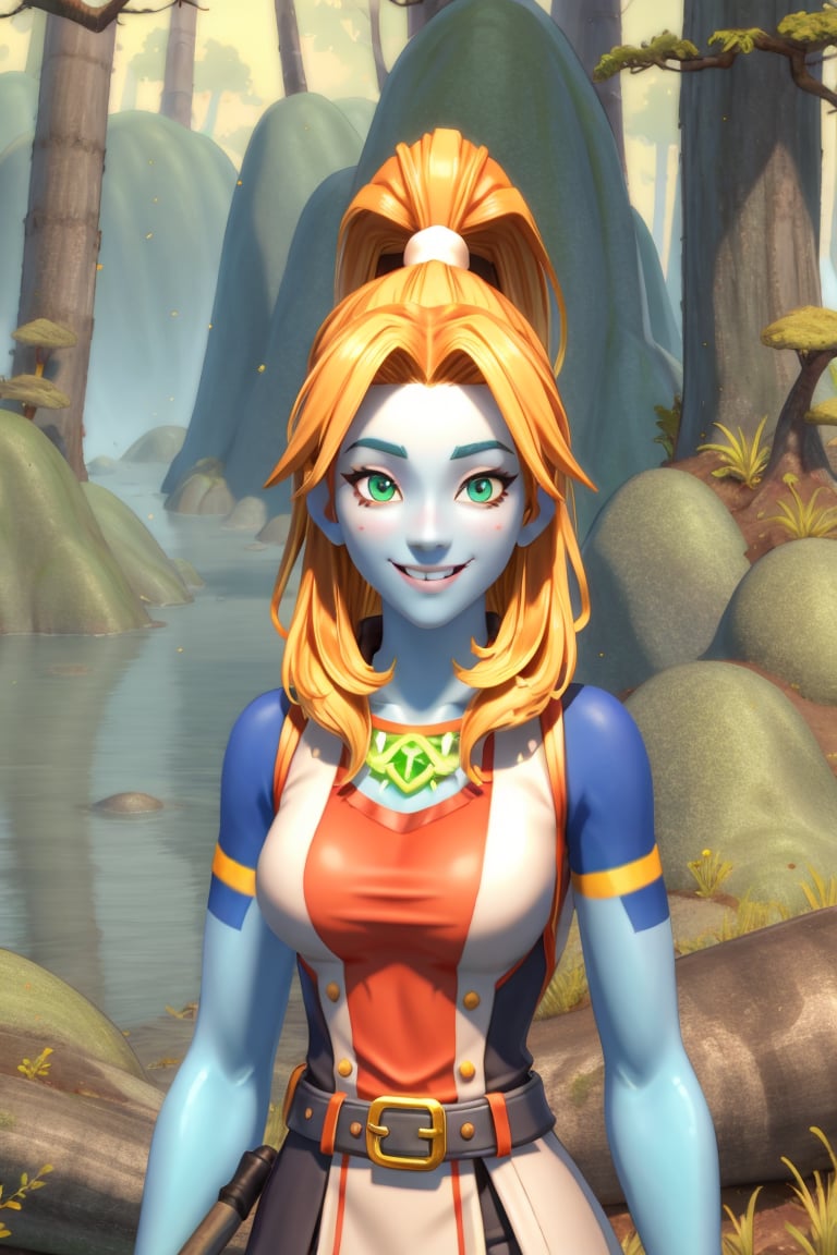 1girl, solo, long hair, looking at viewer, smile, blonde hair, ponytail, colored skin, blue skin, orange hair, detailed sking, detailed hair, small nose, realistic

,Troll hunter girl, looking sexy, smirking, holding a large spear that glows green,  in the forrest
