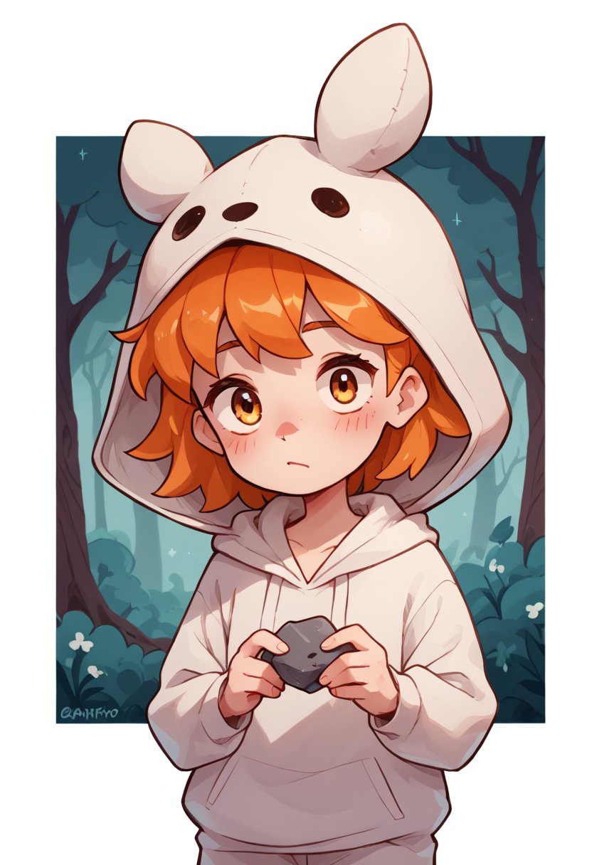 score_9, score_8_up, score_7_up, score_6_up, 

child, 1 girl, wearing a white onesie, ((hood on head) girl has orange hair medium lenth,

holding a small rock with both hands, curious looking at rock

beautiful woods background
