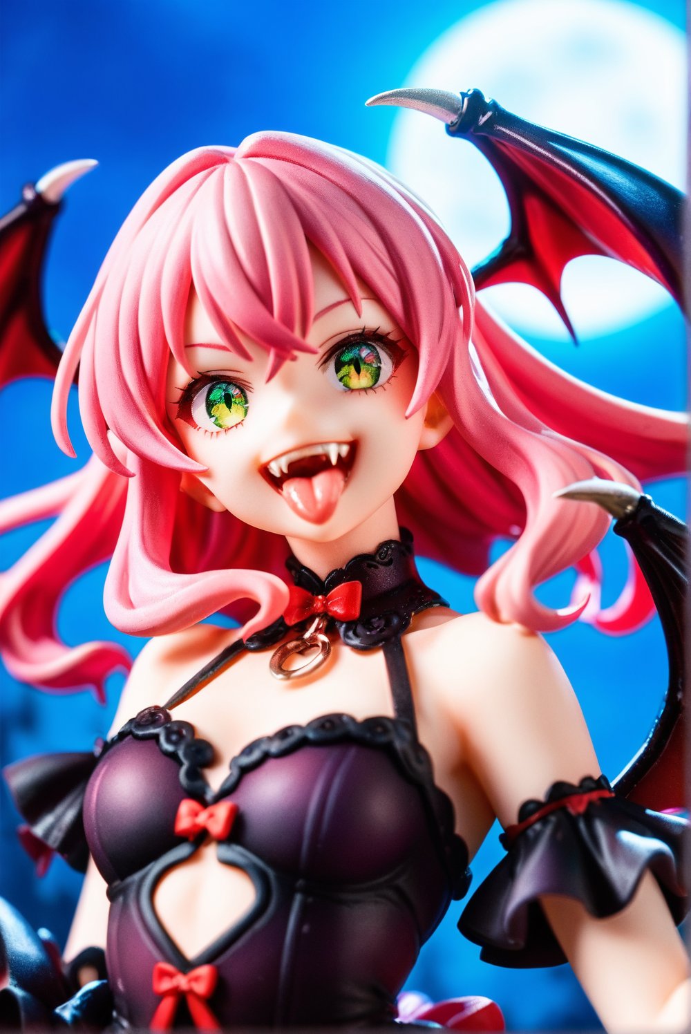 score_9, score_8_up, score_7_up, source_anime, 1girl, vampire girl, red bat wings, green eyes, pink hair, fangs, smile, showing tongue, black dress, pumpking, night, high lights, light aura, a very delicate and beautiful, (at the center:1.2), (solo:1.3), outdoors, cinematic lighting, dynamic action, dynamic angle, dynamic shot