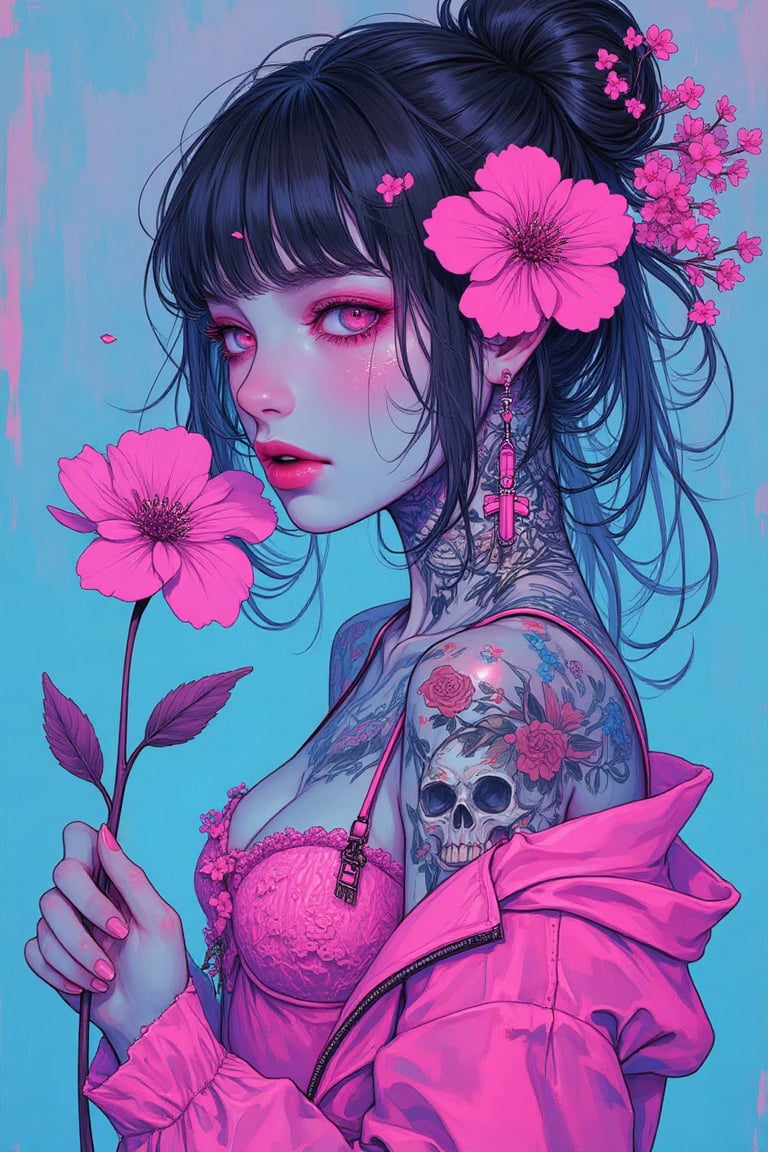 a woman with tattoos and a flower in her hair, wearing a pink outfit and holding a flower in her hand, Artgerm, blue and pink color scheme, cyberpunk art, synchromism, masterpiece, best quality, aesthetic,