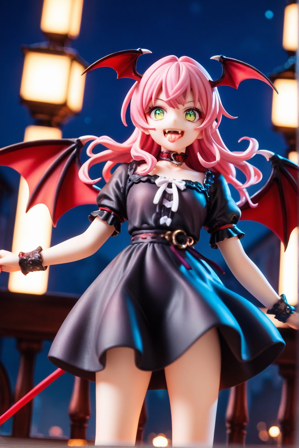 score_9, score_8_up, score_7_up, source_anime, 1girl, vampire girl, red bat wings, green eyes, pink hair, fangs, smile, showing tongue, black dress, pumpking, night, high lights, light aura, a very delicate and beautiful, (at the center:1.2), (solo:1.3), outdoors, cinematic lighting, dynamic action, dynamic angle, dynamic shot