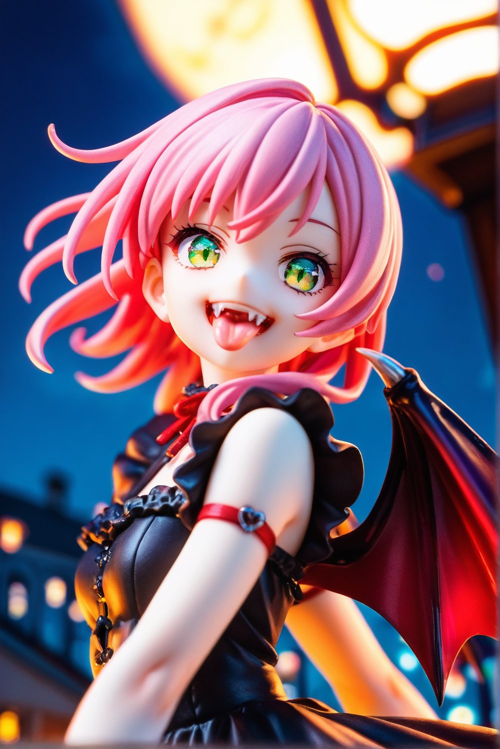 score_9, score_8_up, score_7_up, source_anime, 1girl, vampire girl, red bat wings, green eyes, pink hair, fangs, smile, showing tongue, black dress, pumpking, night, high lights, light aura, a very delicate and beautiful, (at the center:1.2), (solo:1.3), outdoors, cinematic lighting, dynamic action, dynamic angle, dynamic shot