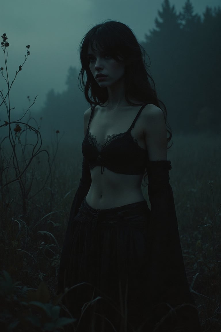 Photo-realistic 80's style of a gloomy scene featuring a beautiful women, dimly lit with shadows cast by a single light source. The women stands and use sexy outfit in a field of tall, twisted grass and thick underbrush. Close-up shot, low-key lighting, emphasizing the eerie atmosphere. The women face is partially obscured by shadows, The scene is filled with dark, foreboding elements, adding to the haunting mood.