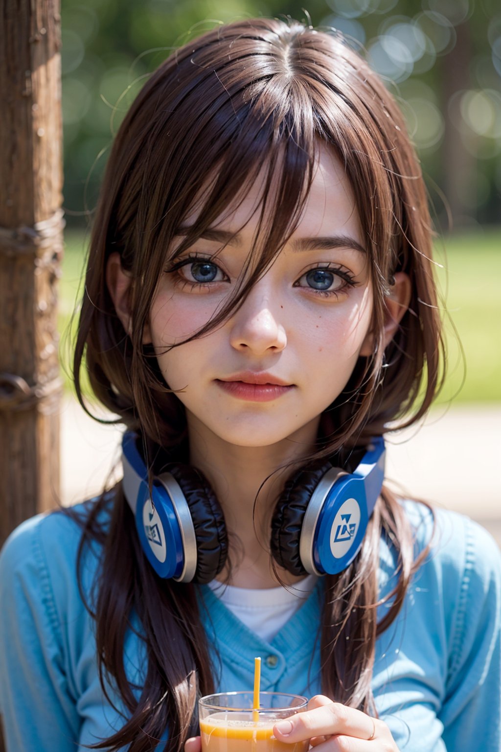 ((masterpiece, 8k, RAW, ultra realistic)), miku nakano, enjoying breakfast before school, long hair, bangs, blue eyes, brown hair, shirt, hair between eyes, shy smile, headphones, blue cardigan, white shirt, GREEN SKIRT, headphones around neck,
,MIKU NAKANO,Realism,Portrait