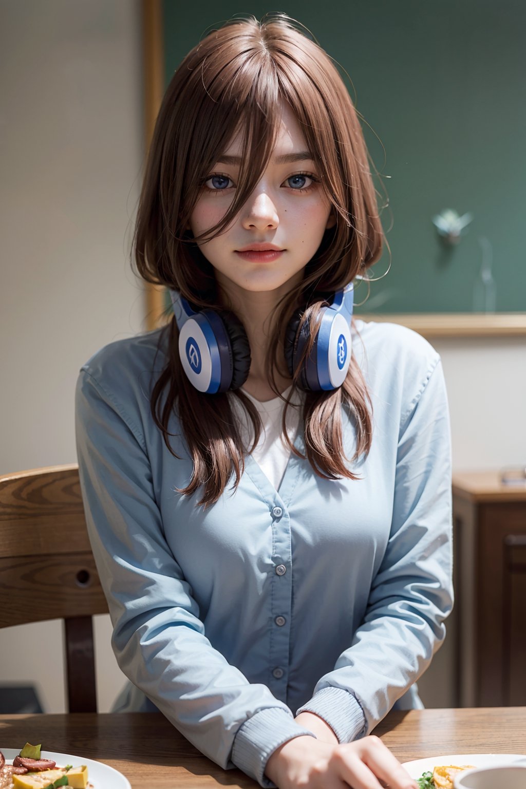 ((masterpiece, 8k, RAW, ultra realistic)), miku nakano, enjoying breakfast before school, long hair, bangs, blue eyes, brown hair, shirt, hair between eyes, shy smile, headphones, blue cardigan, white shirt, GREEN SKIRT, headphones around neck,
,MIKU NAKANO,Realism