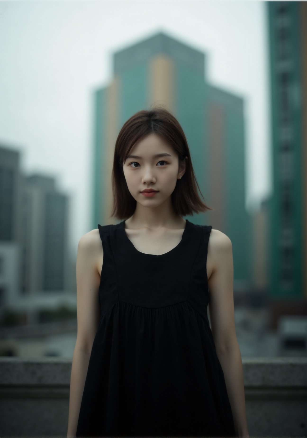 A cinematic scene featuring a young Asian woman with shoulder-length hair,  wearing a sleeveless black dress,  standing co...