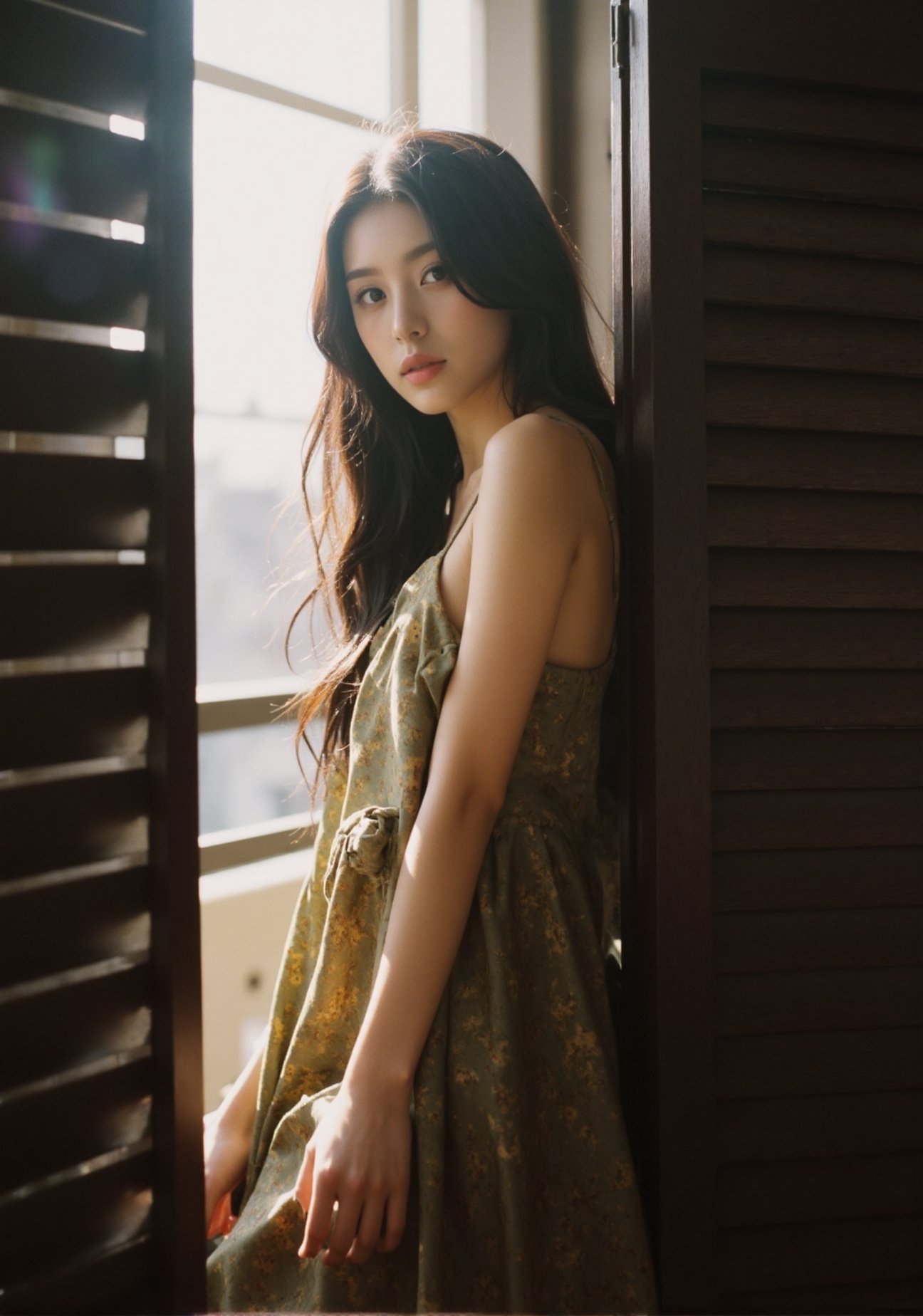 A full-body shot of a striking Asian woman with long dark hair,  wearing a lightweight,  olive-and-gold patterned slip dre...