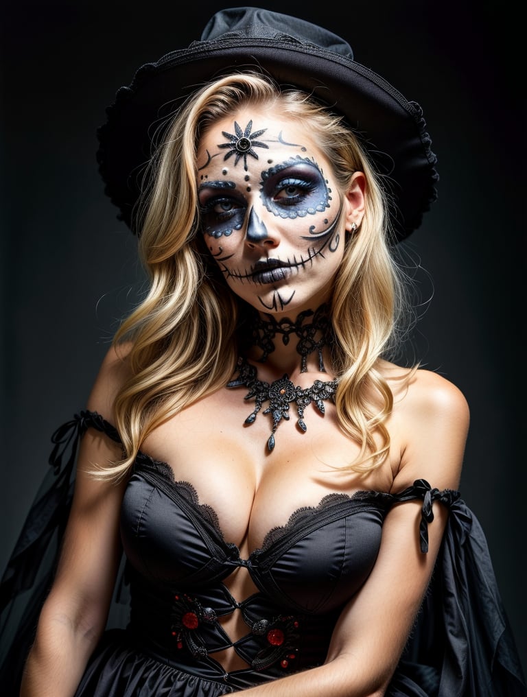 A realist blonde girl, glasses, gothic, dia de muertos makeup, sexy, ultra realistic, photo-realistic, sexy, black clothes, blue eyes,
