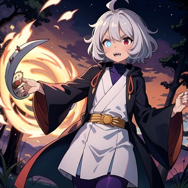 (masterpiece), high quality, 19 year old trap dark elf, solo, anime style, black skin tone, mid hair, gray hair, confident look, sharp teeth, sharp claws, purple medieval long sleeves shirt, purple tights, heterochromia, medieval black leather coat, red eyes, glowing eyes, red aura, night forest background., pokemovies, wally, allister \(pokemon\),Komaeda_Nagito,son goku,Naruto uzumaki ,1utf1,otoko_no_ko,kaga(everlasting killing stone),faputa,mare bello fiore,kyokodg