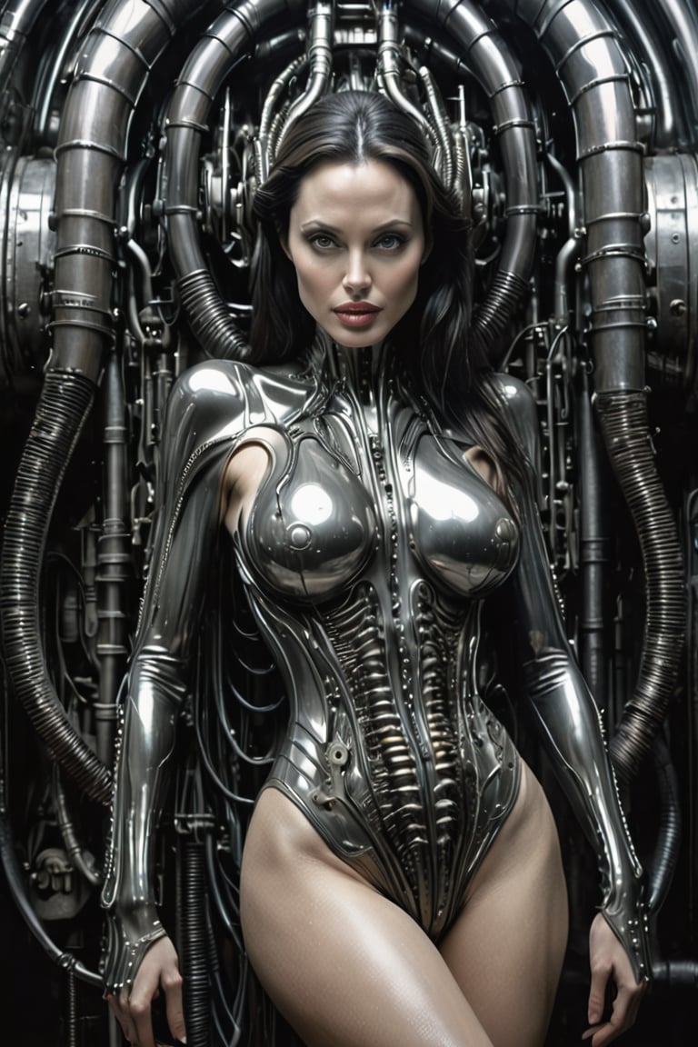 Portrait, Full length, Angelina Jolie nude biomechanical style H.R. Giger style, attached to a biomechanical cyberpunk machine, her body is embedded in a biomechanical machine, suspended and welded to a biomechanical wall with her legs spread, a biomechanical tube penetrates her, open legs raised, biomechanical tentacle penetration, exposed pussy, biomechanical suit covers her, biomechanical bodysuit in the signature biomechanical style of H.R. Giger, her form is a hypnotic fusion of a human being biomechanical body H.R. style. giger, an ominously intricate machine, body parts subtly transform into cold but complex metallic contours, in her clear gaze radiates a mordant and calculating look, dark environment with fog, body subtly joined and fused to the biomechanical environment, biomechanical pipes, water vapor and fog surround her, horror environment, viscous slime drips from her body, alien style 1979