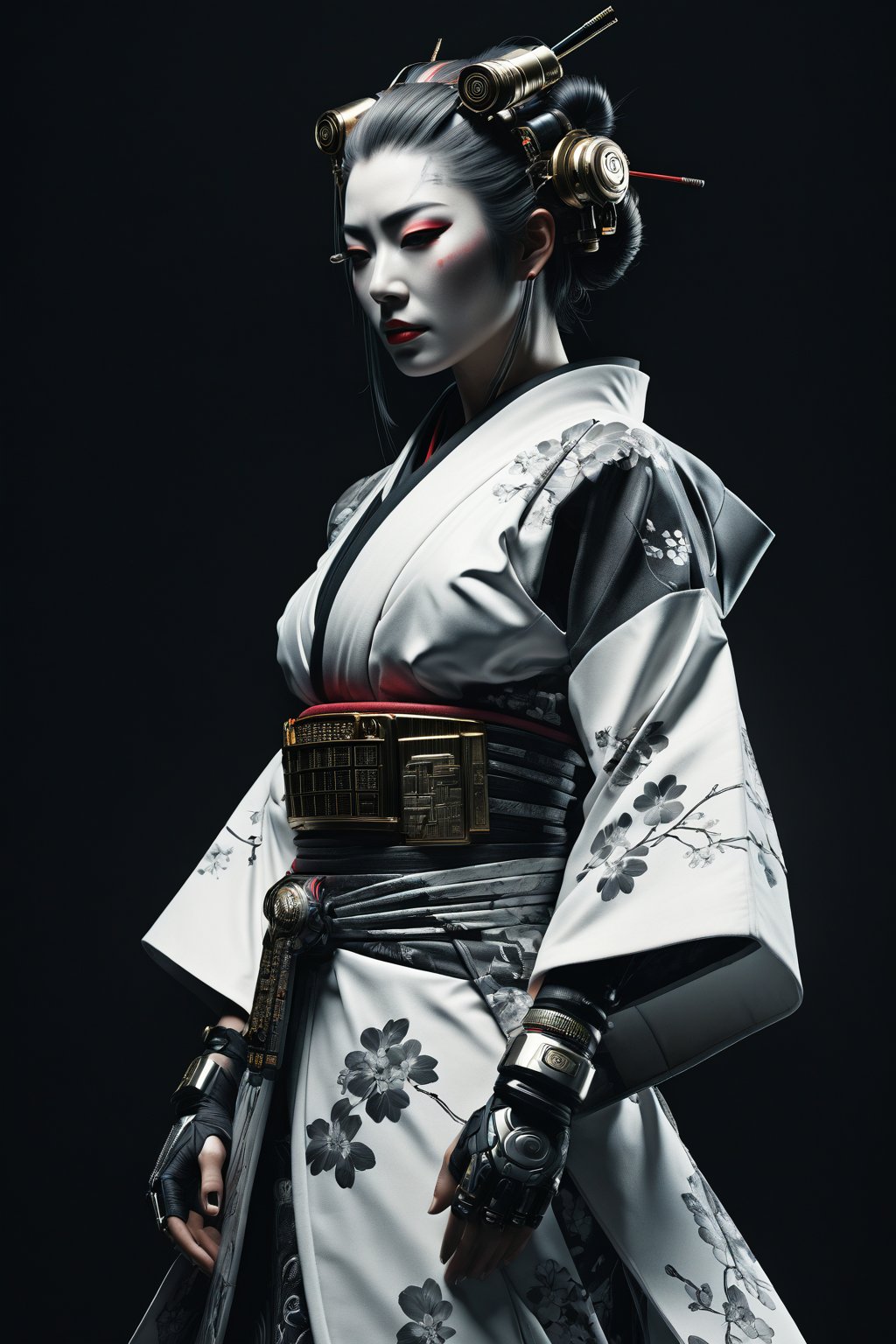 Photo realistic, cinematography, realistic, "((extremely detailed CG unit 8k wallpaper, masterpiece, best quality, ultra-detailed)), cyborg geisha, cyborg body, full body, mechanical joints, wearing short black and white kimono ((cyborg body)), delicate, film, 1 mechanical geisha, alone, cyberpunk stile

