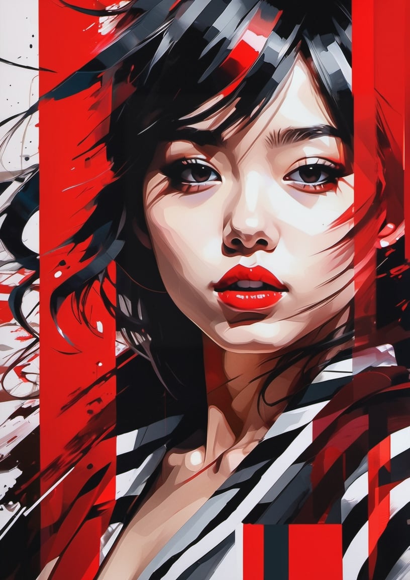 masterpiece, (beautiful and aesthetic:1.5), highly detailed, a painting of 1girl with red and black stripes, hard brush, minimalist low poly painting, in the style of manga, splatter oil paintings, use of screen tones, city portraits, heavy inking, digital as manual