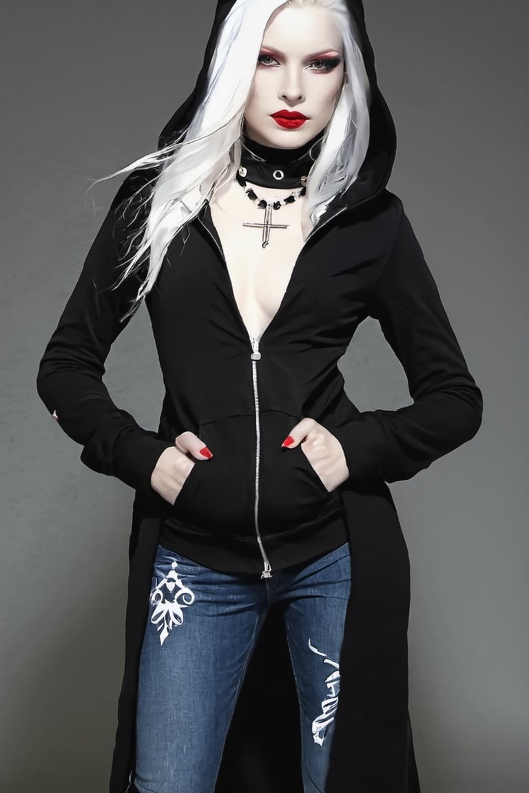 1girl, hood, solo, gloves, long hair, white hair, fingerless gloves, hoodie, makeup, cross, jewelry, necklace, lipstick, pants, pale skin, jacket, lips, brown eyes, jeans, red eyes, looking at viewer, hooded jacket, casual, contemporary, coat, realistic, alternate costume