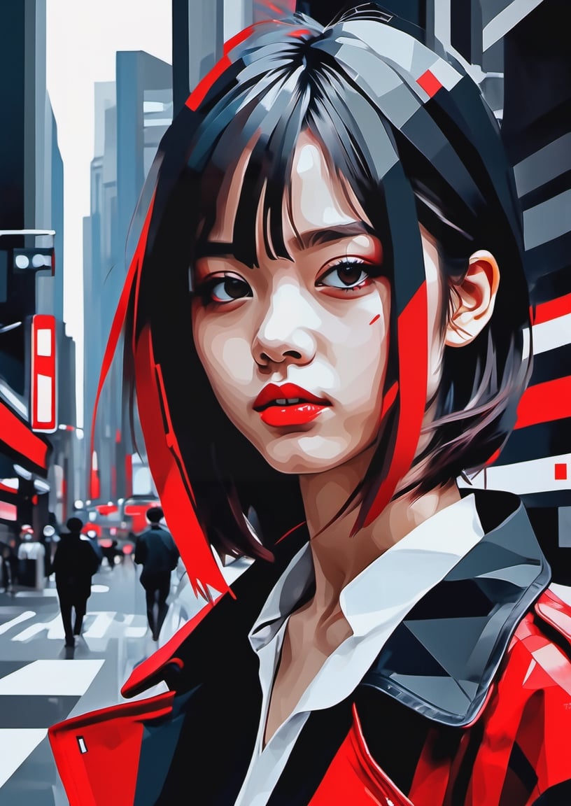 masterpiece, (beautiful and aesthetic:1.5), highly detailed, a painting of 1girl with red and black stripes, hard brush, minimalist low poly painting, in the style of manga, splatter oil paintings, use of screen tones, city portraits, heavy inking, digital as manual