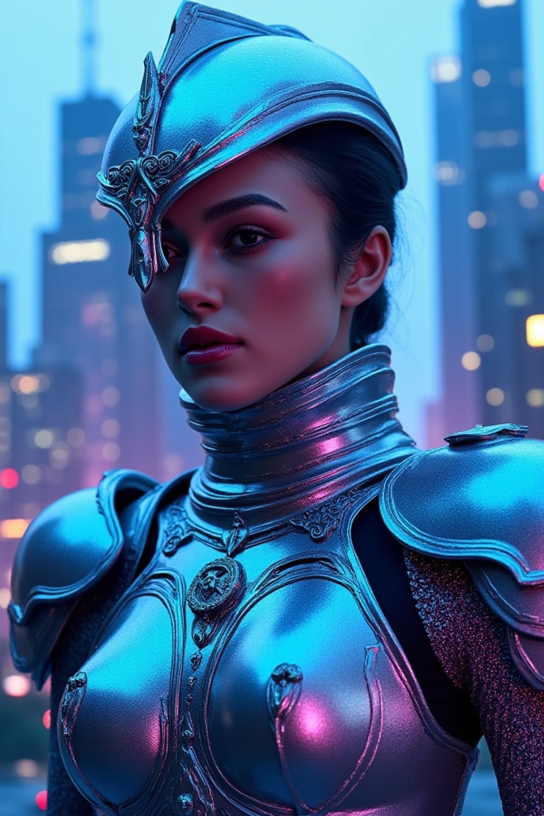 A photorealistic portrait of a royal knight girl in futuristic armor, with sleek, metallic surfaces that reflect a neon-lit cityscape. The armor is intricately detailed with holographic emblems and glowing circuits, giving it a high-tech, regal appearance. The knight’s face is partially covered by a transparent, visor-like helmet, revealing sharp, noble features and piercing eyes. The background is a bustling futuristic city with towering skyscrapers and flying vehicles, bathed in cool blue and purple hues.
