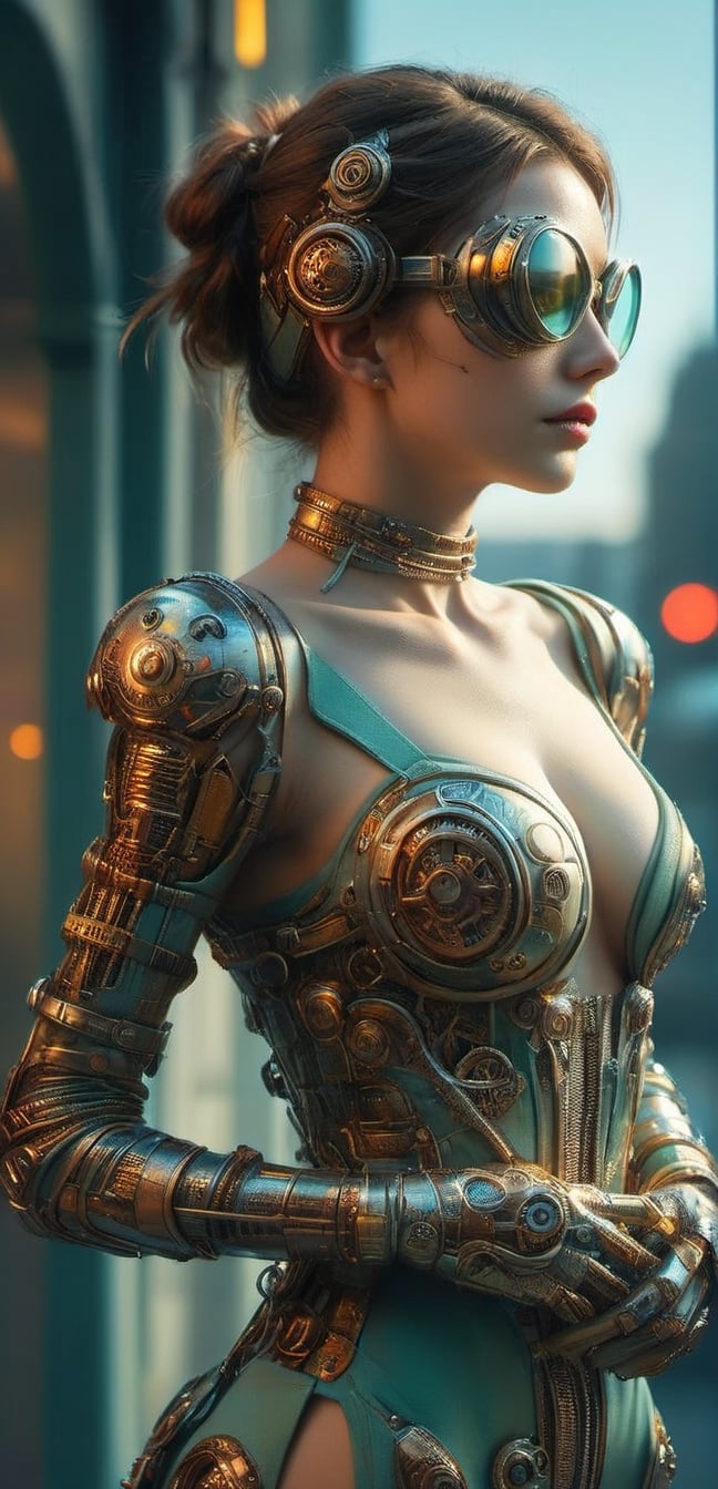 ((medium shot)), (RAW photo, best quality), (realistic, photo-Realistic:1.3), Imagine a beautiful cyborg with a translucent glowing glass body with colorful electronic mecha part and clockwork completely visible through her translucent glass body walking through a futuristic city, flowy hair, fantasy, work of beauty and complexity, 8k UHD, hyperdetailed ultrarealistic face, hazel eyes ,cyborg style, glowing translucent glass, amber glow,steampunk style, glass body, 80mm digital photo , wide_hips, translucent seethrough glass like body,Leonardo Style,cyberpunk style, iridescent glow,glasstech,,smile, (oil shiny skin:1.0), (big_boobs:2.8), willowy, chiseled, (hunky:2.4),(( body rotation -35 degree)), (upper body:0.8),(perfect anatomy, prefecthand, dress, long fingers, 4 fingers, 1 thumb), 9 head body lenth, dynamic sexy pose, breast apart, (artistic pose of awoman),chrometech,surface imperfections,steampunk,bubbleGL,neotech,ste4mpunk,DonMM00m13sXL