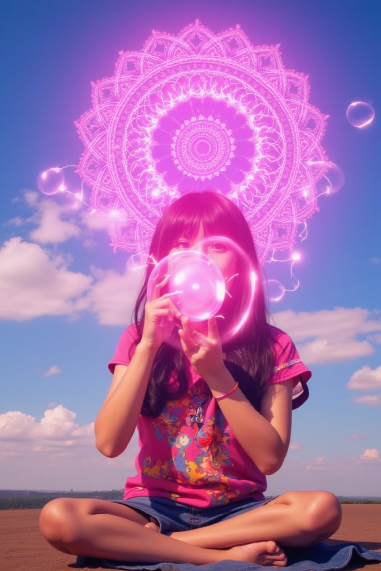 A playful Japanese girl blows a massive pink bubble with her gum, surrounded by the majestic backdrop of a giant pink hot air balloon. Her bright eyes sparkle with joy as the bubble grows, ready to burst. She wears a vibrant outfit, matching the lively atmosphere. The hot air balloon's intricate details reflect sunlight, casting a warm glow. Soothing clouds and a brilliant blue sky complete the scene, exuding carefree joy and youthful abandon., (((her hand crackling with huge fire power as she gazes directly at the camera,gentle facial contours poses meditatively in an Indian-inspired cross-legged position. The colorfully neon light of chakra shines through the head, chest, and abdomen, Behind her, a radiant, magical mandala-like aura of glowing, icy patterns spreads out, adding an ethereal and divine presence,)))