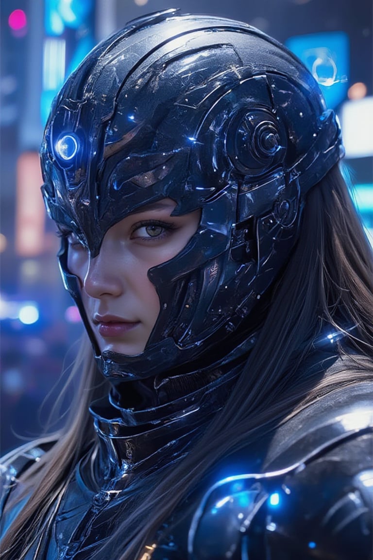 Cowboy shot,A photorealistic portrait of a royal knight girl in futuristic armor, with sleek, metallic surfaces that reflect a neon-lit cityscape. The armor is intricately detailed with holographic emblems and glowing circuits, giving it a high-tech, regal appearance. The knight’s face is partially covered by a transparent, visor-like helmet, revealing sharp, noble features and piercing eyes. The background is a bustling futuristic city with towering skyscrapers and flying vehicles, bathed in cool blue and purple hues.
