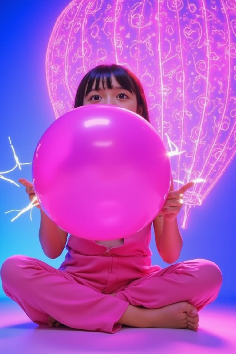 A playful Japanese girl blows a massive pink bubble with her gum, surrounded by the majestic backdrop of a giant pink hot air balloon. Her bright eyes sparkle with joy as the bubble grows, ready to burst. She wears a vibrant outfit, matching the lively atmosphere. The hot air balloon's intricate details reflect sunlight, casting a warm glow. Soothing clouds and a brilliant blue sky complete the scene, exuding carefree joy and youthful abandon., (((her hand crackling with huge fire power as she gazes directly at the camera,gentle facial contours poses meditatively in an Indian-inspired cross-legged position. The colorfully neon light of chakra shines through the head, chest, and abdomen, Behind her, a radiant, magical mandala-like aura of glowing, icy patterns spreads out, adding an ethereal and divine presence,)))