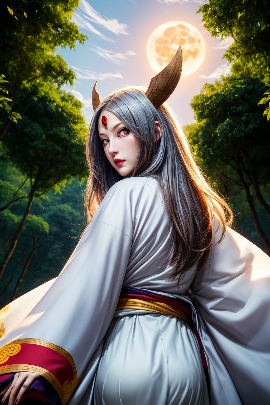 masterpiece,best quality,highly detailed,ultra-detailed,an extremely delicate and beautiful,masterpiece,1girl, solo,kaguya,mature female, long pure white long hair, absurdly long hair, third eye,horns, pale skin,white short eyebrows, otsutsuki kimono, perfect eyes,floating hair, sexy pose, High quality 7k, High resolution ,fully_clothed,third eye,pale skin,dynamic pose, dynamic poses, ( backview), (looking upward:0.8), (long shot:1.5), (from below:1.0),forests,big trees,temples,red full moon,