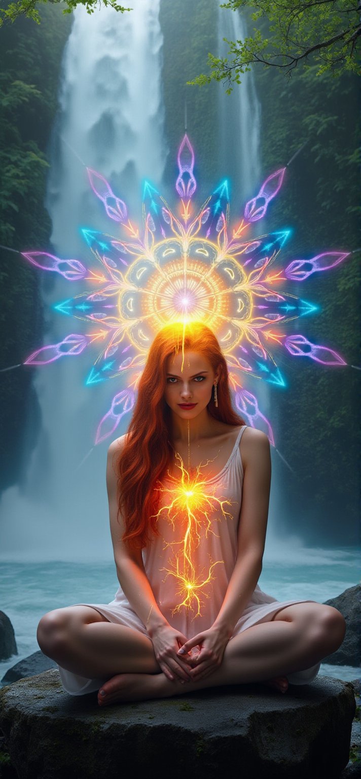 A serene woman with long, flowing red hair sits on a rock beside a cascading waterfall. She wears a simple, flowing dress that moves with the breeze. The sound of the water and the lush greenery surrounding her create a tranquil and natural atmosphere.
 . (((her hand crackling with huge fire power as she gazes directly at the camera,. The colorfully neon light of chakra shines through the head, chest, and abdomen, Behind her, a radiant, magical mandala-like aura of glowing, icy patterns spreads out, adding an ethereal and divine presence,)))