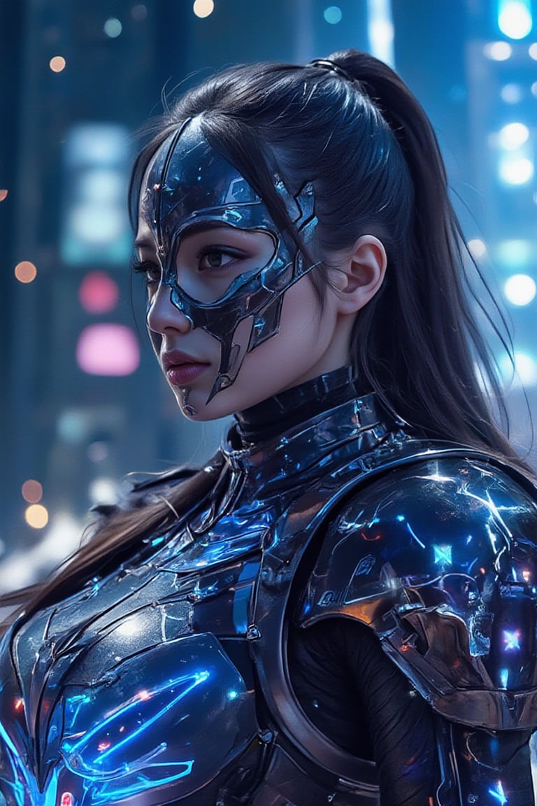 medium full shot,A photorealistic portrait of a royal knight girl in futuristic armor, with sleek, metallic surfaces that reflect a neon-lit cityscape. The armor is intricately detailed with holographic emblems and glowing circuits, giving it a high-tech, regal appearance. The knight’s face is partially covered by a transparent, visor-like helmet, revealing sharp, noble features and piercing eyes. The background is a bustling futuristic city with towering skyscrapers and flying vehicles, bathed in cool blue and purple hues.
