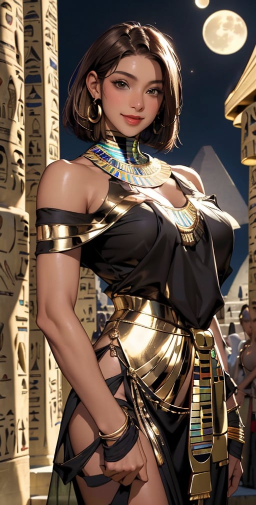 Upper body, (masterpiece, best quality), 1girl, Dynamic pose:0.8,solo, look at viewer,bob cut hair, straight hair, skirt, ((brown hair)), green eyes, dress, cleavage, bare shoulders, jewelry, choker, (((dark skin))), necklace, off shoulder, (((dark-skinned female))), neck ring, (((egyptian))), (((egyptian clothes))), (((night,moon))),blurry background, smile,looking_at_viewer,(oil shiny skin:0.8), (big_boobs), willowy, chiseled, (hunky:1.8),(perfect anatomy, prefect hand,), 9 head body lenth, dynamic sexy pose, (artistic pose of awoman),from_behind