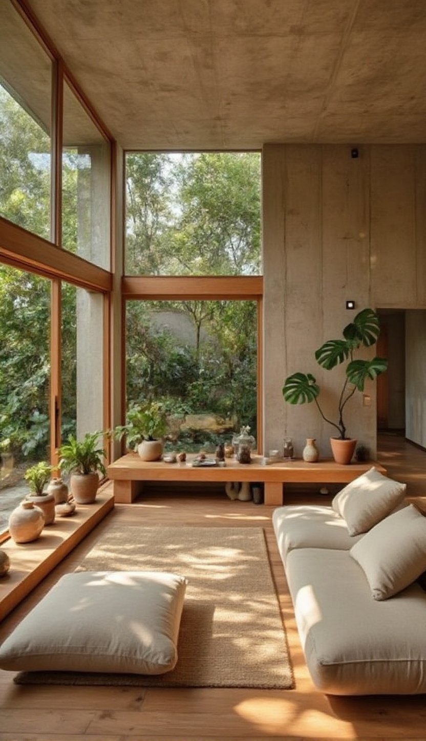 A cozy and serene indoor lounging space filled with natural light,  featuring floor-to-ceiling wooden-framed glass windows...