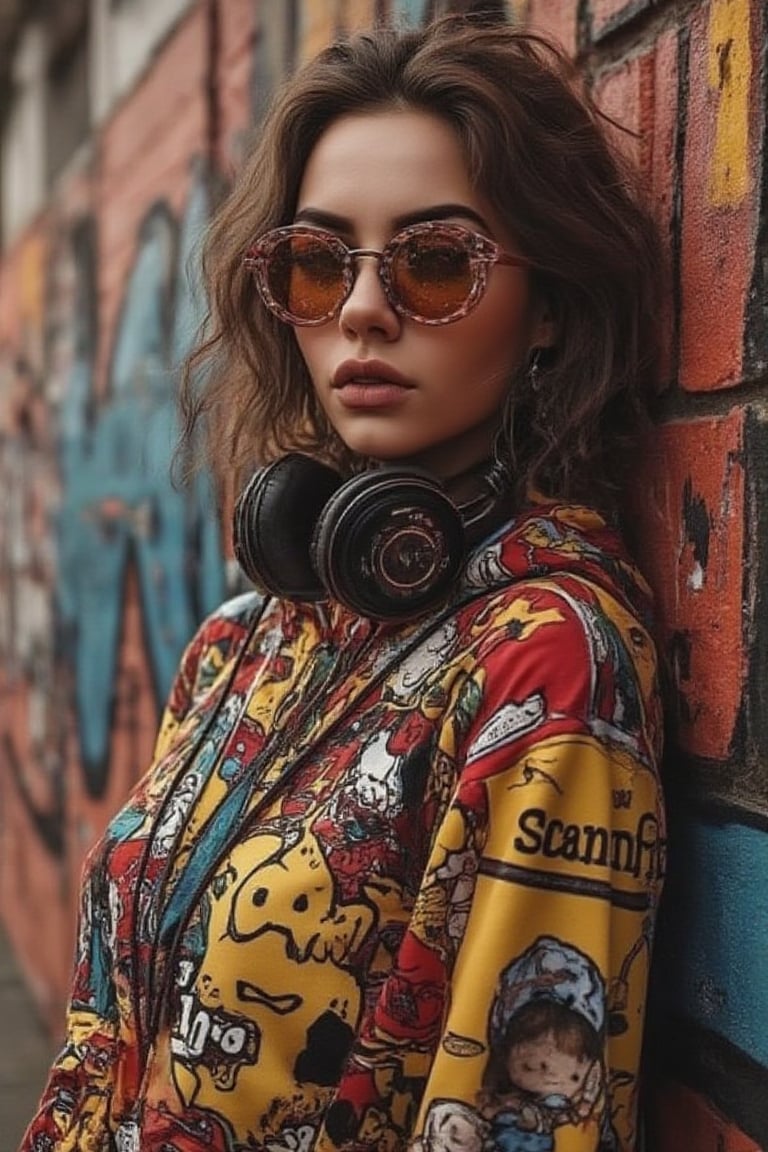 A vibrant hyper-realistic portrait of a confident Russian woman standing before a bold graffiti wall, her stylish glasses reflecting the colors of the urban canvas. She wears a brightly colored 'scam nft' hoodie adorned with cartoon graphics, large headphones draped around her neck. The painting's dynamic composition blends Möbius-inspired curves, glitch art textures, and ukiyo-e patterns, evoking a sports poster's energy and capturing the essence of modern street culture in meticulous detail.