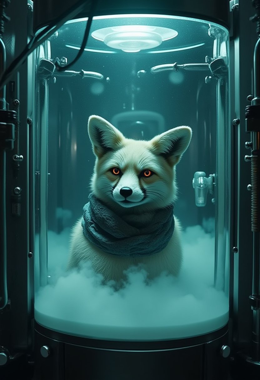 a foxy wearing a costume. The foxy is named Oliver. Cyberpunk cryogenic chamber with Oliver's body inside suspended in clo...